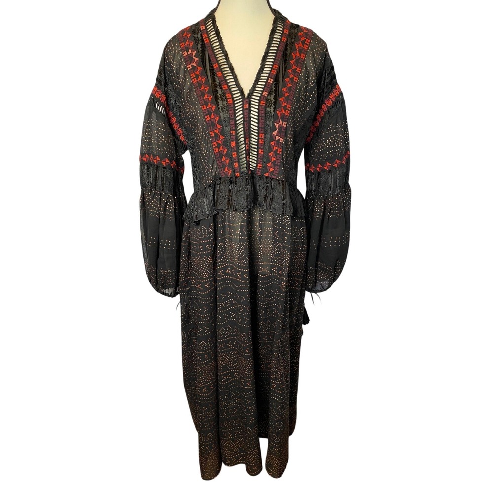 Free People Starry Night Embroidered Midi Dress Women's XS Ruffle Peasant Boho